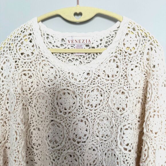 Y2K VENEZIA Floral Crochet Knit Bohemian Sweater Womens 22 24 Cottagecore Cream - Picture 5 of 8